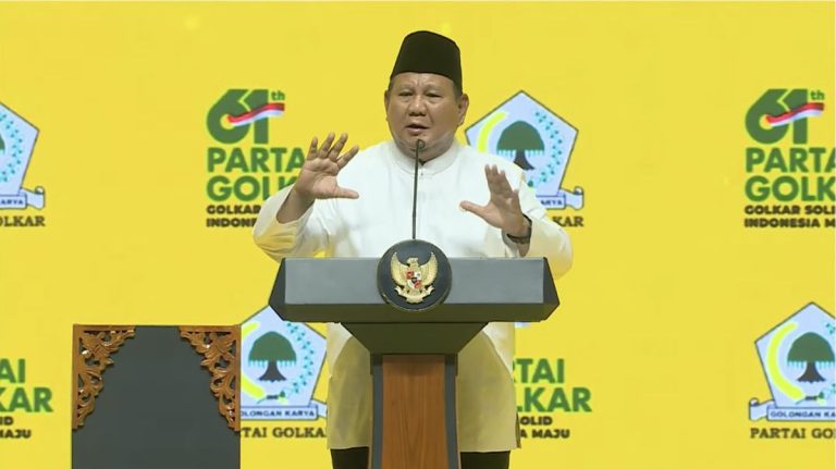 Presiden RI, Prabowo Subianto, dalam pada puncak perayaan Hari Ulang Tahun (HUT) ke-61 Partai Golkar