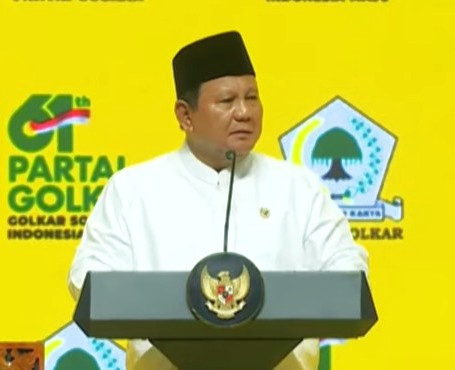 Prabowo di acara HUT ke-61 Partai Golkar di Istora Senayan, Jakarta Selatan