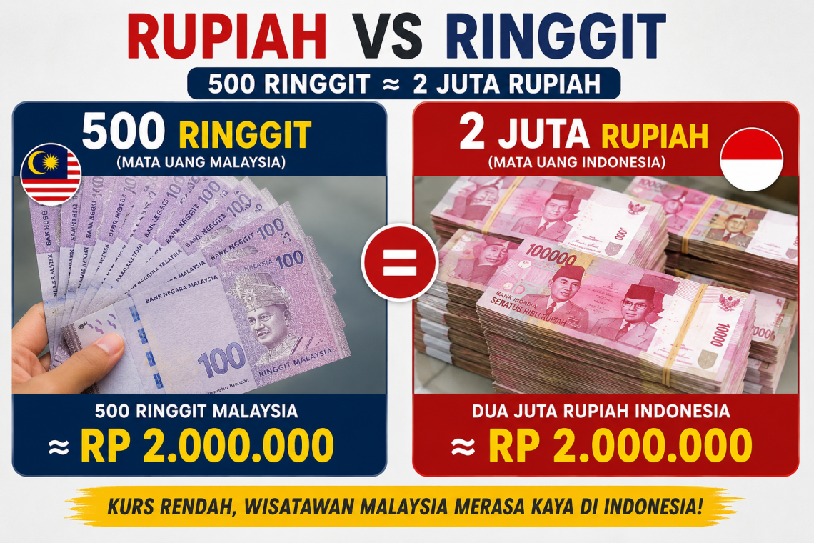 nilai tukar 500 ringgit Malaysia setara sekitar 2 juta rupiah Indonesia dengan ilustrasi uang ringgit dan rupiah.