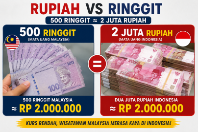 nilai tukar 500 ringgit Malaysia setara sekitar 2 juta rupiah Indonesia dengan ilustrasi uang ringgit dan rupiah.