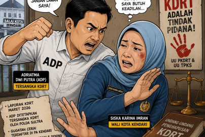 Ilustrasi kartun kasus dugaan KDRT yang melibatkan Wali Kota Kendari Siska Karina Imran dan suaminya, Adriatma Dwi Putra (ADP), yang telah ditetapkan sebagai tersangka oleh Polda Sulawesi Tenggara.