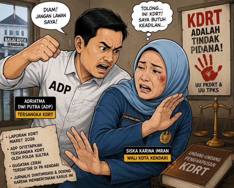 Ilustrasi kartun kasus dugaan KDRT yang melibatkan Wali Kota Kendari Siska Karina Imran dan suaminya, Adriatma Dwi Putra (ADP), yang telah ditetapkan sebagai tersangka oleh Polda Sulawesi Tenggara.