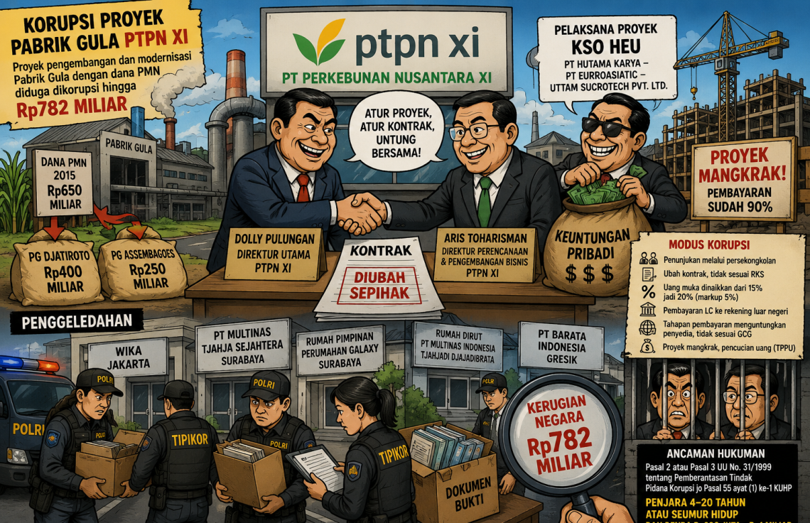 Ilustrasi kartun mengenai dugaan korupsi proyek pengembangan dan modernisasi Pabrik Gula PTPN XI yang menampilkan para tersangka, modus korupsi, proses penggeledahan oleh Kortastipidkor Polri, serta kerugian negara yang diperkirakan mencapai Rp782 miliar.
