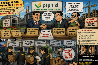 Ilustrasi kartun mengenai dugaan korupsi proyek pengembangan dan modernisasi Pabrik Gula PTPN XI yang menampilkan para tersangka, modus korupsi, proses penggeledahan oleh Kortastipidkor Polri, serta kerugian negara yang diperkirakan mencapai Rp782 miliar.