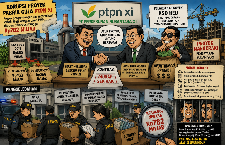 Ilustrasi kartun mengenai dugaan korupsi proyek pengembangan dan modernisasi Pabrik Gula PTPN XI yang menampilkan para tersangka, modus korupsi, proses penggeledahan oleh Kortastipidkor Polri, serta kerugian negara yang diperkirakan mencapai Rp782 miliar.