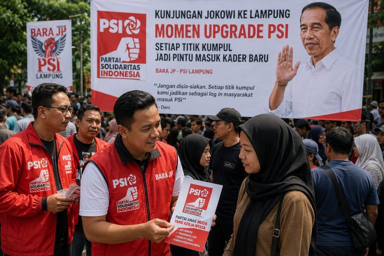 Sejumlah kader muda PSI dan BaraJP berfoto bersama Presiden ke-7 RI Joko Widodo saat agenda silaturahmi di Provinsi Lampung.