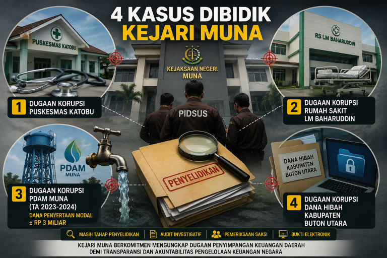 Ilustrasi Kejaksaan Negeri Muna membidik empat dugaan kasus korupsi, meliputi Puskesmas Katobu, RS LM Baharuddin, PDAM Muna, dan dana hibah Kabupaten Buton Utara.